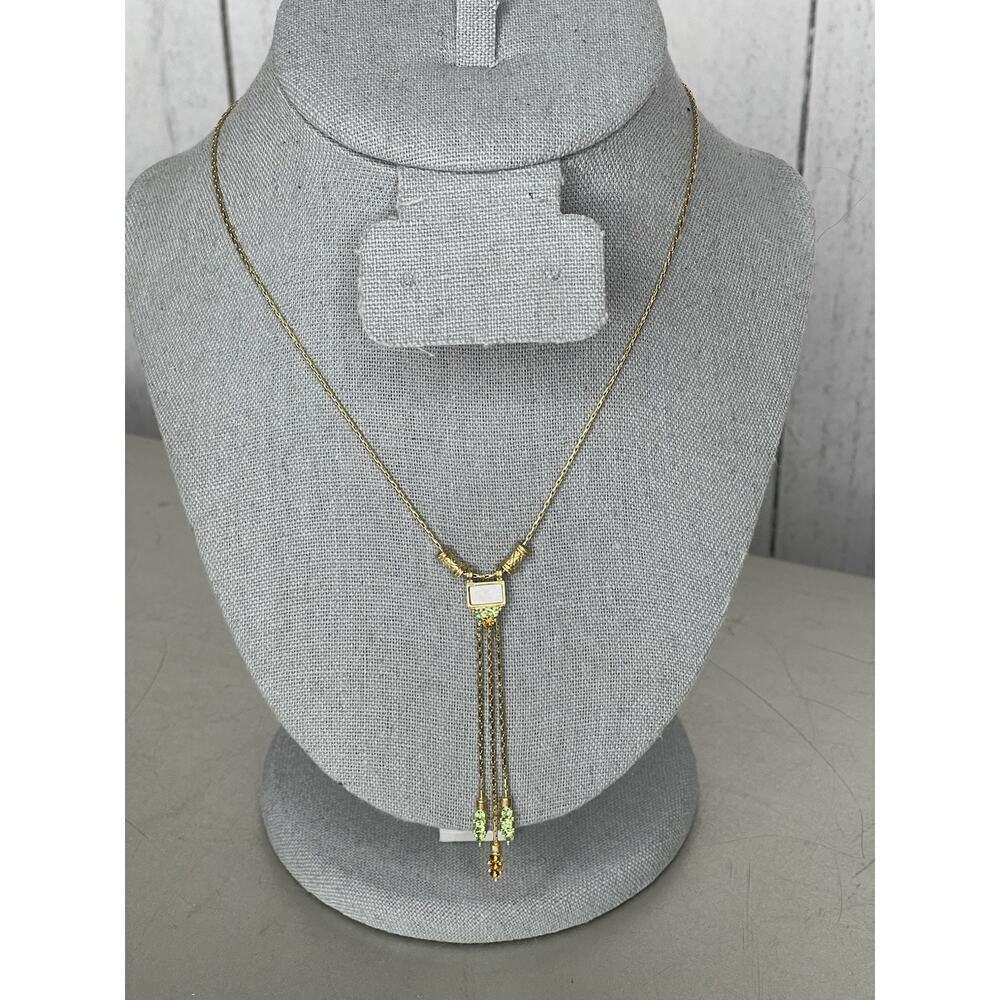 Vintage NAPIER Necklace Gold tone Signed Unique With Green White Crystal